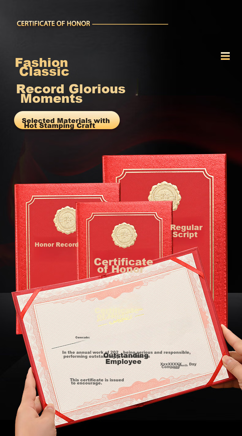 Ouliwen Honorary Certificate Gold-Stamped Award Certificate with Glossy Cover, High-End Employee Award, 8K Size, with 10 Inner Pages, Pack of 10 1