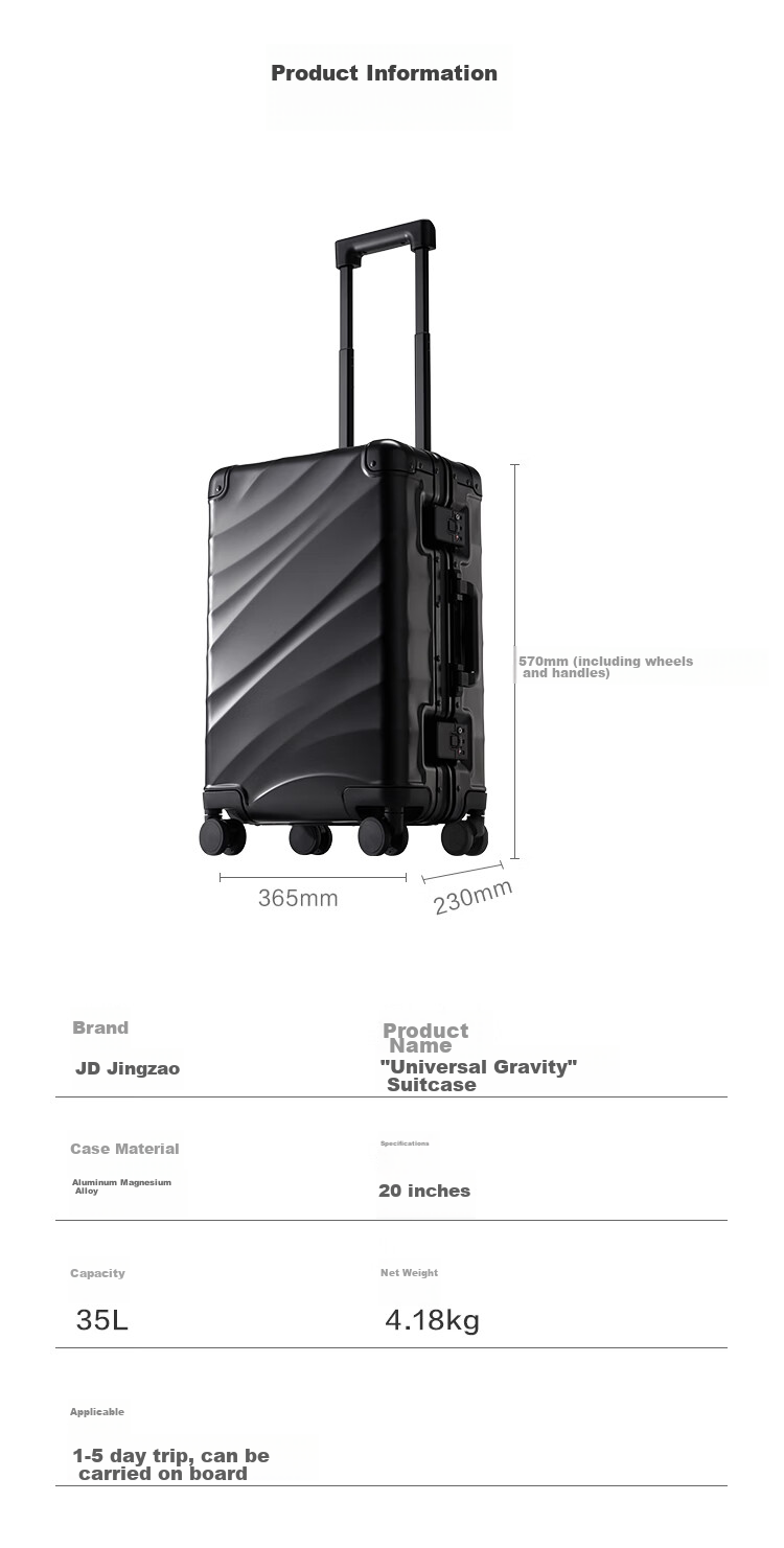 JD Original "Universal Gravity" Aluminum-Magnesium Alloy Large Capacity Suitcase, 20-Inch Trolley Case, Travel Luggage, Carry-On Case, Silver Color 12