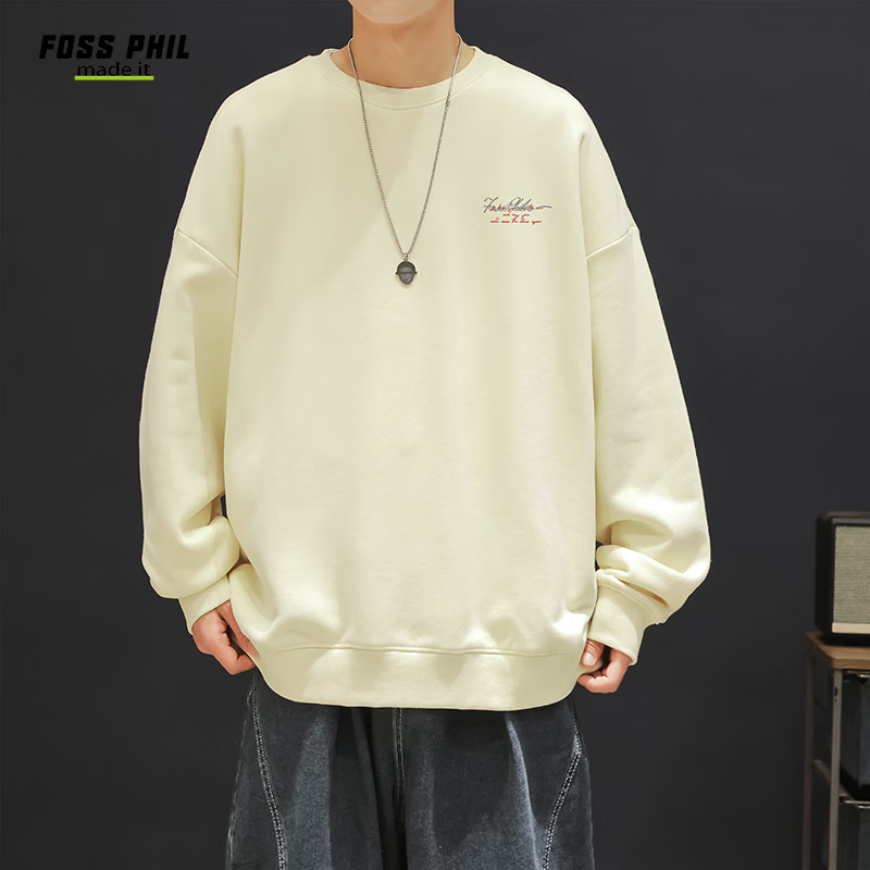 Foss Phil Men's Sweatshirt, Spring And Autumn Loose Fit, Printed Round Neck, Casual T-Shirt, Versatile Trendy Top, FPW4 Apricot Color, 2XL