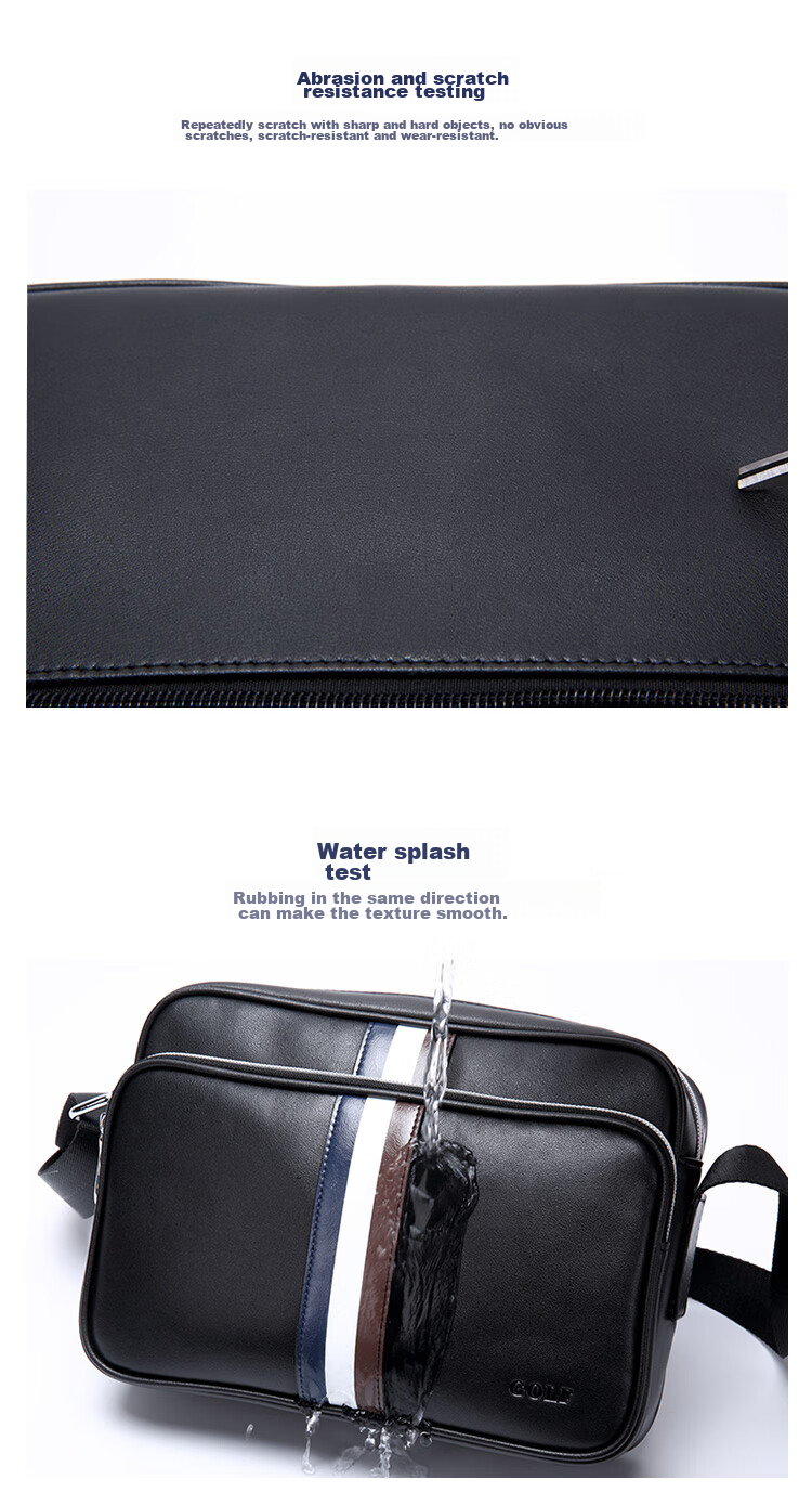 GOLF Shoulder Bag for Men, Top-Grain Leather with Microfiber Crossbody Bag, Business Commute Contrasting Color Messenger Bag, Black 11