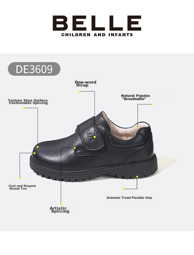 Belle Children's Shoes, Boys' Leather Shoes, Cowhide Student Performance Shoes, Boys' Show Shoes, Spring And Autumn Flats for Older Children, Black, Size 30 6
