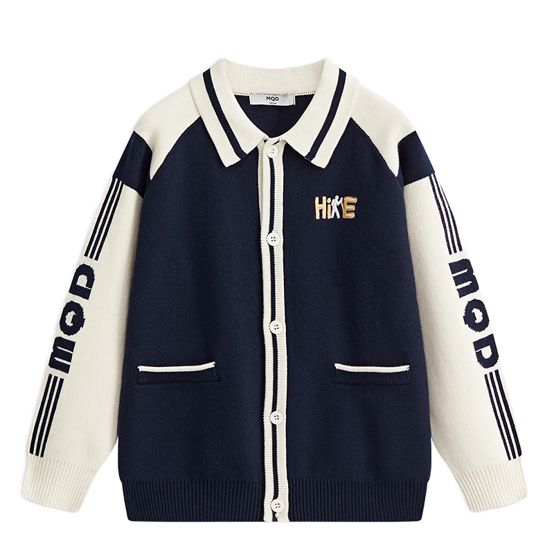 MQD Boys' Sweater, Spring And Autumn Style, Turn-Down Collar, Preppy Look, Children's Knitted Cardigan, Navy Blue, Size 160