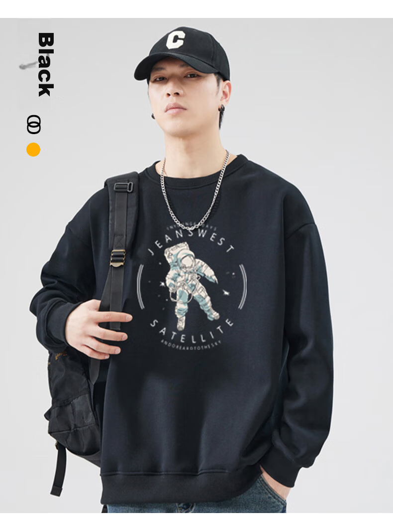 Jeanswest Sweatshirt, Men's Round Neck, Trendy Brand, 2026 Autumn Top, Fashionable Loose Pullover, Men's Jacket, Black, XL 10