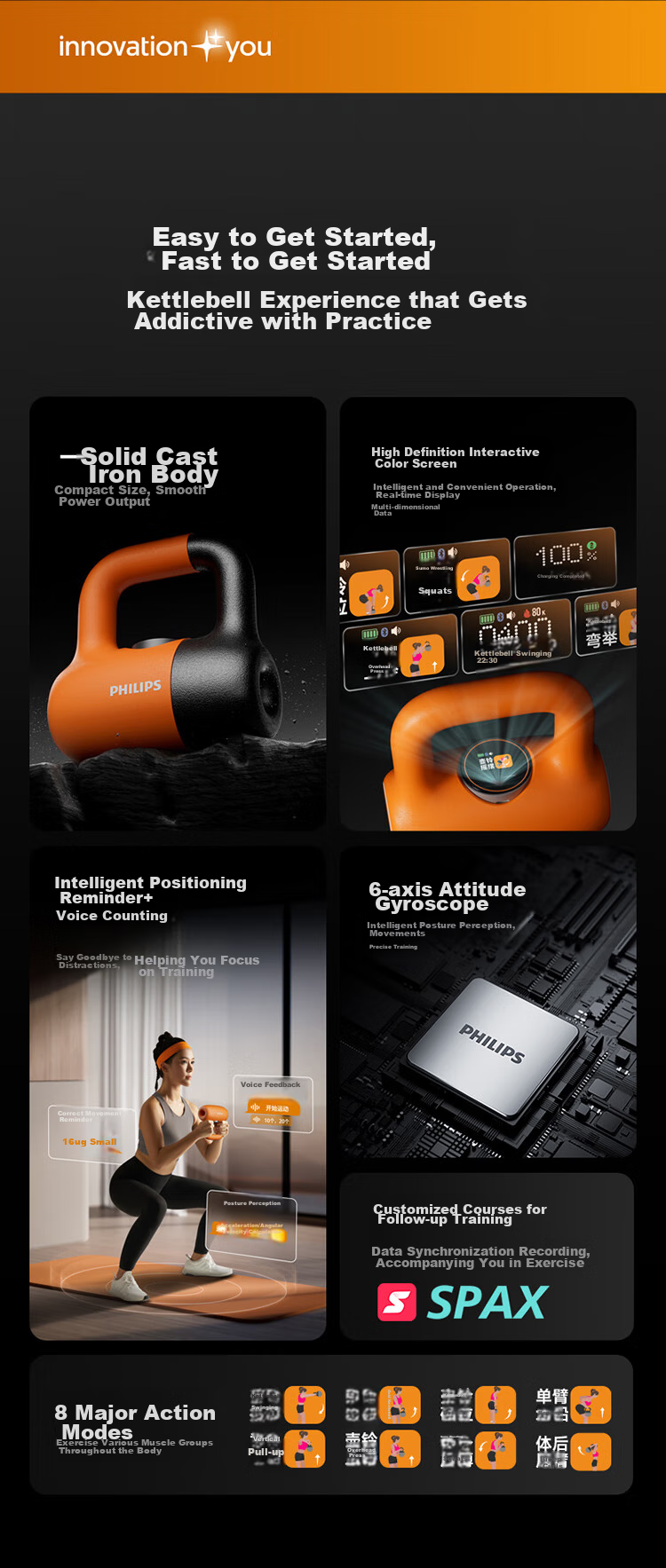 PHILIPS Smart Kettlebell Fitness Equipment for Men And Women, Home Dumbbells for Arm Exercises, Squats, Glute Training And Body Shaping, Orange 4KG 4
