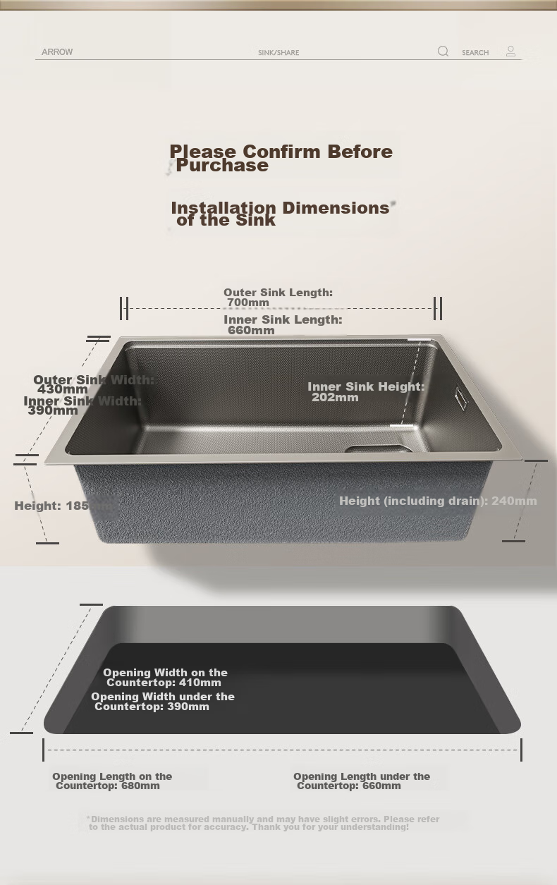ARROW Kitchen Sink, Large Single Basin, 304 Stainless Steel Vegetable Washing Sink, Integrated Basin, Single Basin, Gunmetal Gray, Rain Drop Textured 27