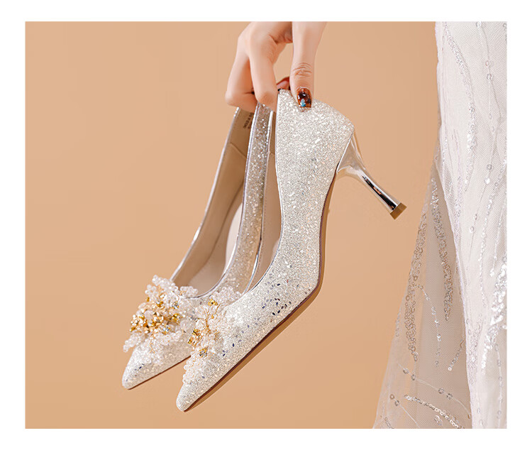 DAPHNE Simple Versatile Pointed High Heels for Women, French-Style Pumps, Elegant Non-Fatiguing Wedding Shoes, Silver, Size 38 6
