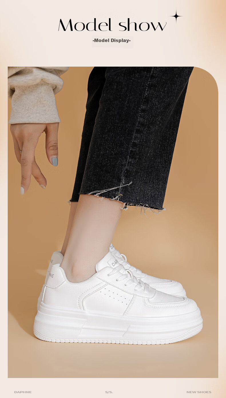 DAPHNE Thick-Soled White Sneakers for Women, 2026 New Popular Style, Casual Sports Shoes, Versatile Board Shoes for Women, White, Size 38 10