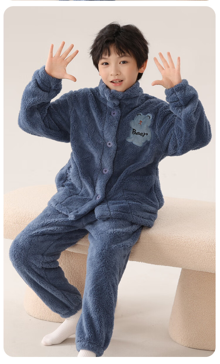 MiiOW Kids Boys Coral Fleece Thickened Flannel Cardigan Autumn Winter Homewear Set 24 New Style 160cm 14