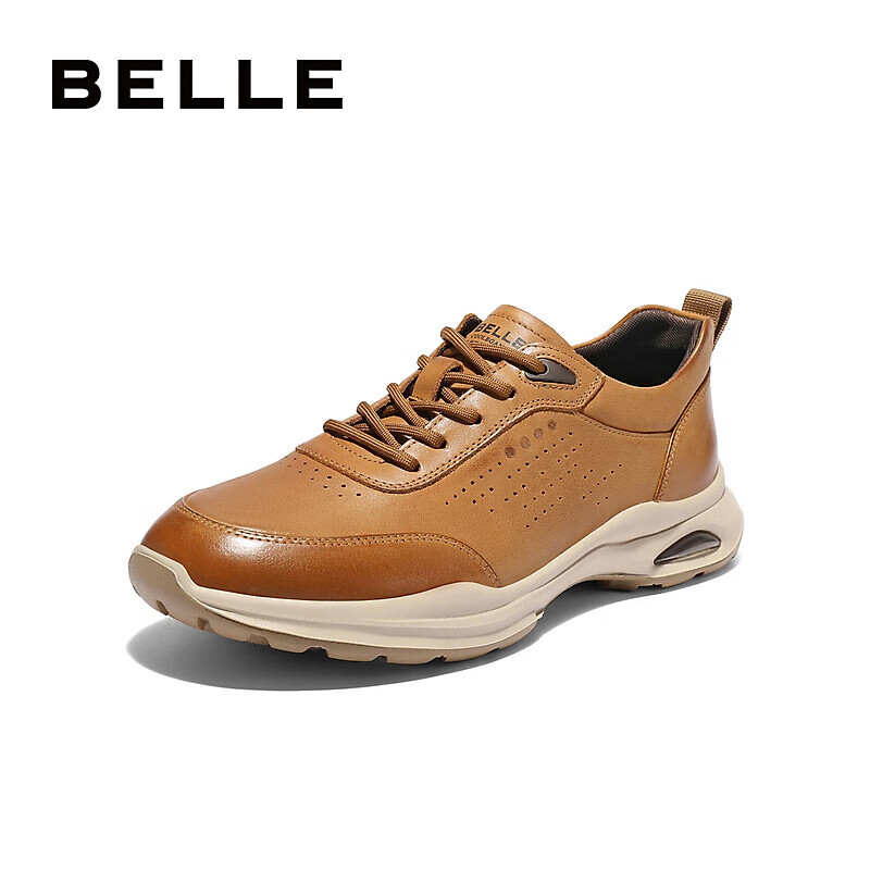 Belle Lightweight Thick-Soled Casual Shoes for Men, Same Style As in Shopping Malls, Cowhide Business Sneakers 8GZ01BM4, Khaki Color, Size 42