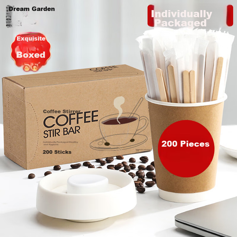 MENGTING Disposable Coffee Stirrers, 14cm Wooden Coffee Mixing Sticks, Portable Individual Packaging, 200 Pieces Per Box