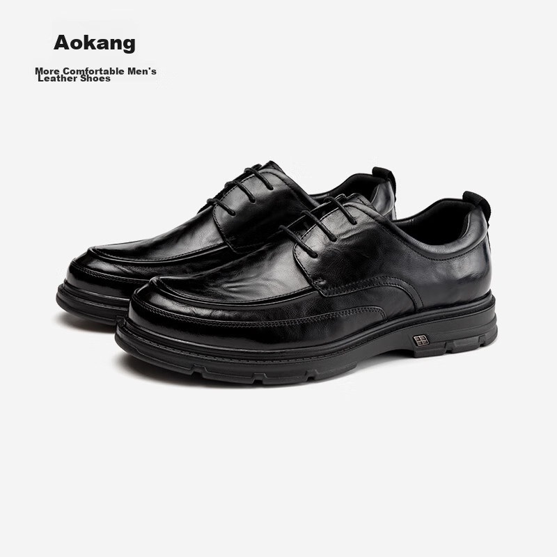 Aokang Leather Lace-Up Shoes for Men, British Style Formal Business Shoes, Black, Size 43