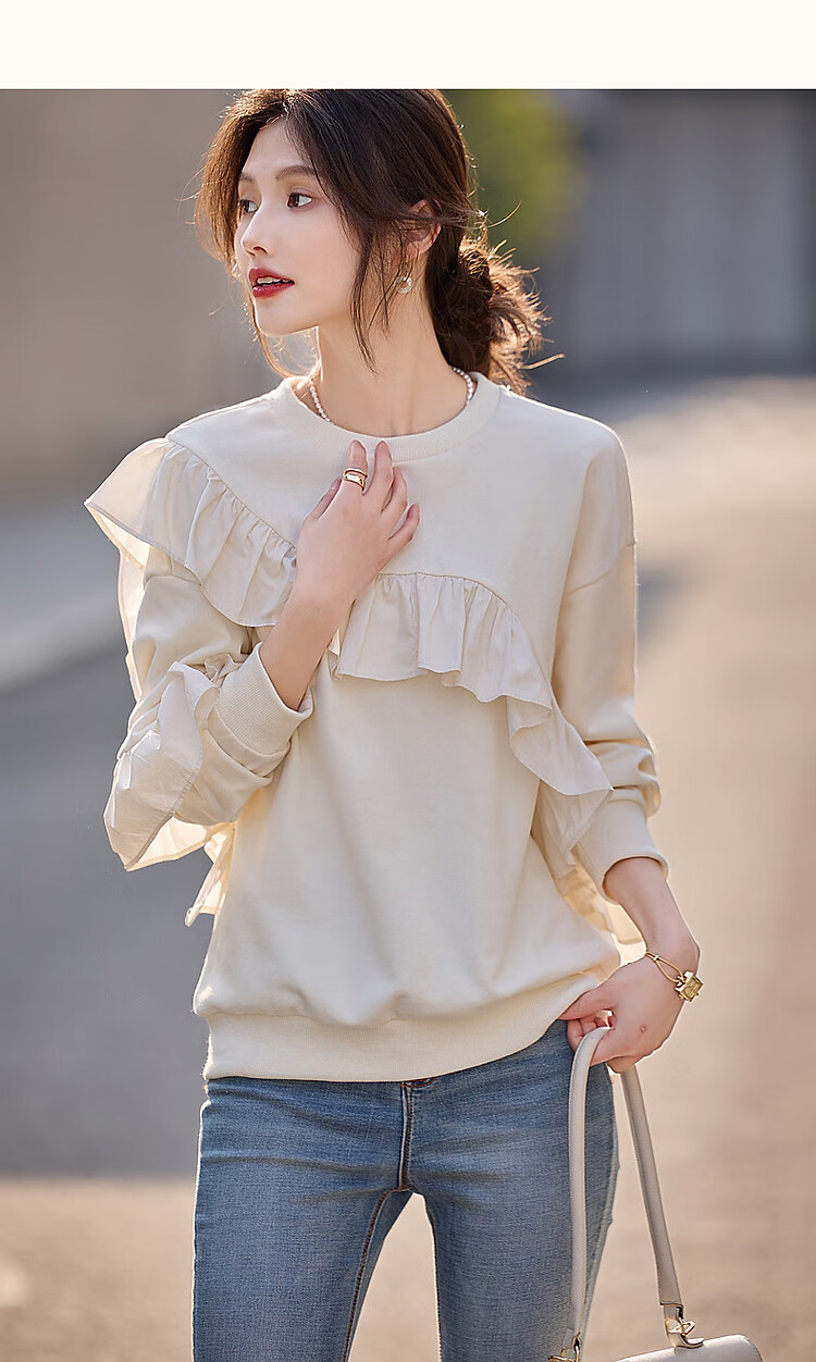 Dme [French Romantic Lace Trim] Spring And Autumn Round Neck Cotton Long Sleeve Slightly Stretchy Loose Elegant Sweatshirt Women's Top 12