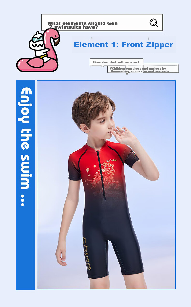 ZOKE Children's Swimsuit, Boys' One-Piece Square-Leg Swimwear Set, Two Pieces JD23503544, Black And Red with Chinese Dragon Design, Size 14 2