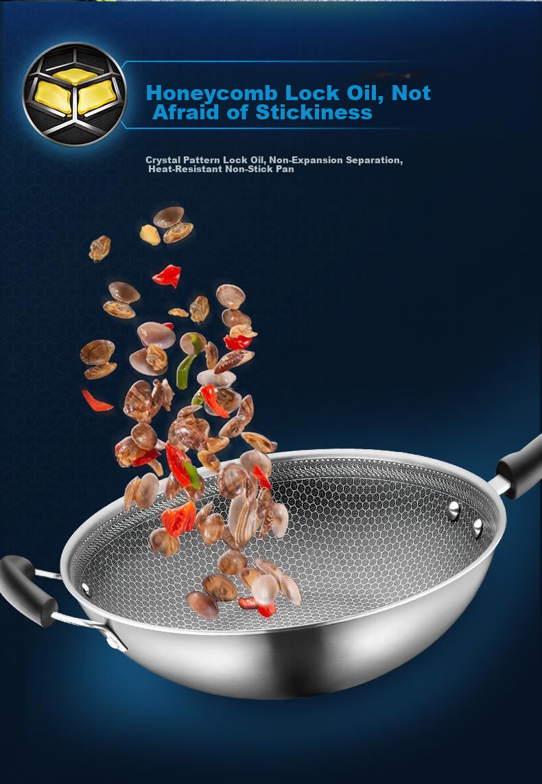 SUPOR Stainless Steel Wok Compatible with Induction And Gas Stoves, Crystal Diamond Honeycomb Frying Pan for Home Use CC30JA9 4