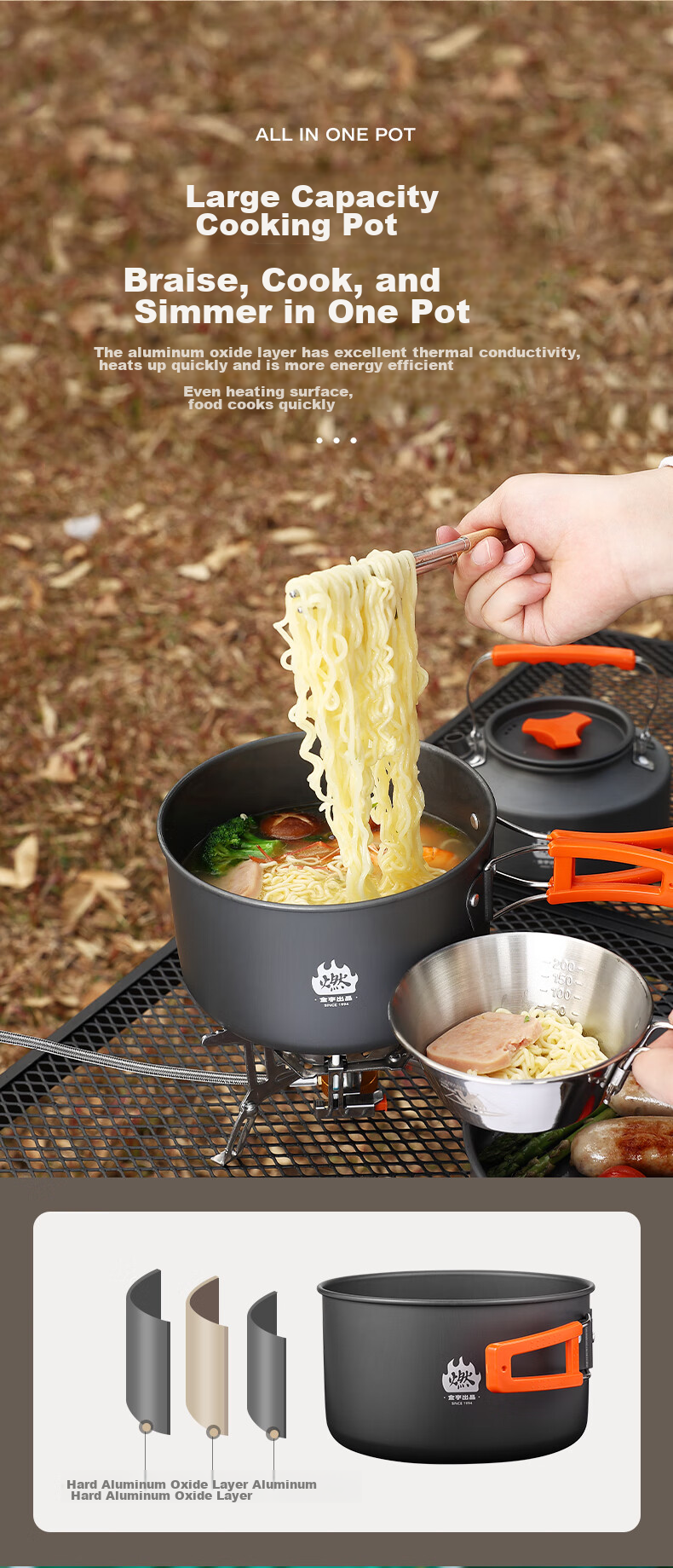 Jinyu Outdoor Cookware, Portable Stove Pot Set, Three-In Camping Cookware, Frying Pan, Kettle, Aluminum Alloy Outdoor Stove Kit 4