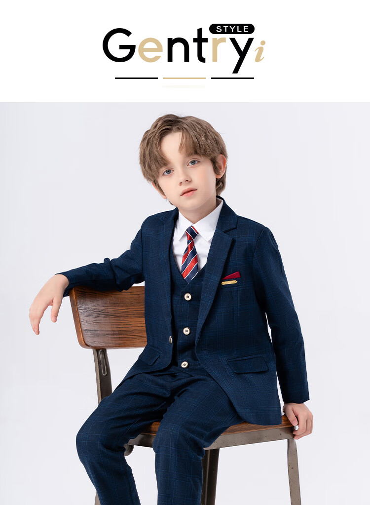 LUOBOBEIBEI Boys' Suit Spring Formal Wear Set, Children's Stylish Small Suit, Piano Greeting Outfit, Blue Plaid Five-Piece Set, Size 120 1