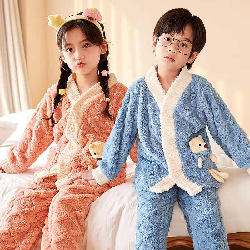 LangSha Children's Pajamas, Flannel Boys' Autumn And Winter Thickened Warm Sleepwear, Coral Fleece Home Wear Set for Older Childre