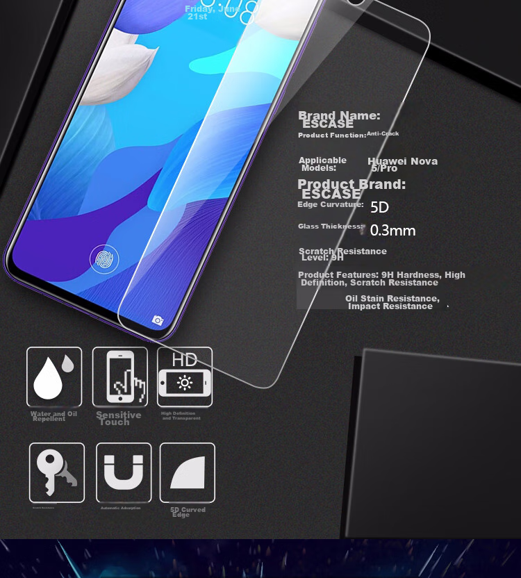 ESCASE [Compensation for Defective Products] Huawei Nova 5/5 Pro Tempered Glass Screen Protector, Phone Protective Film, Non-Full Screen Glass, High-Definition Clear Protective Front Film, HD No White Edge 4