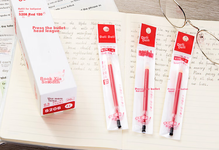 Deli Retractable Gel Pen Refills, Student Office Signature Pen Ink Refill, 0.5mm Bullet Tip S01/S08/1008/K35 Compatible, Red, 20 Pieces/box S206 2