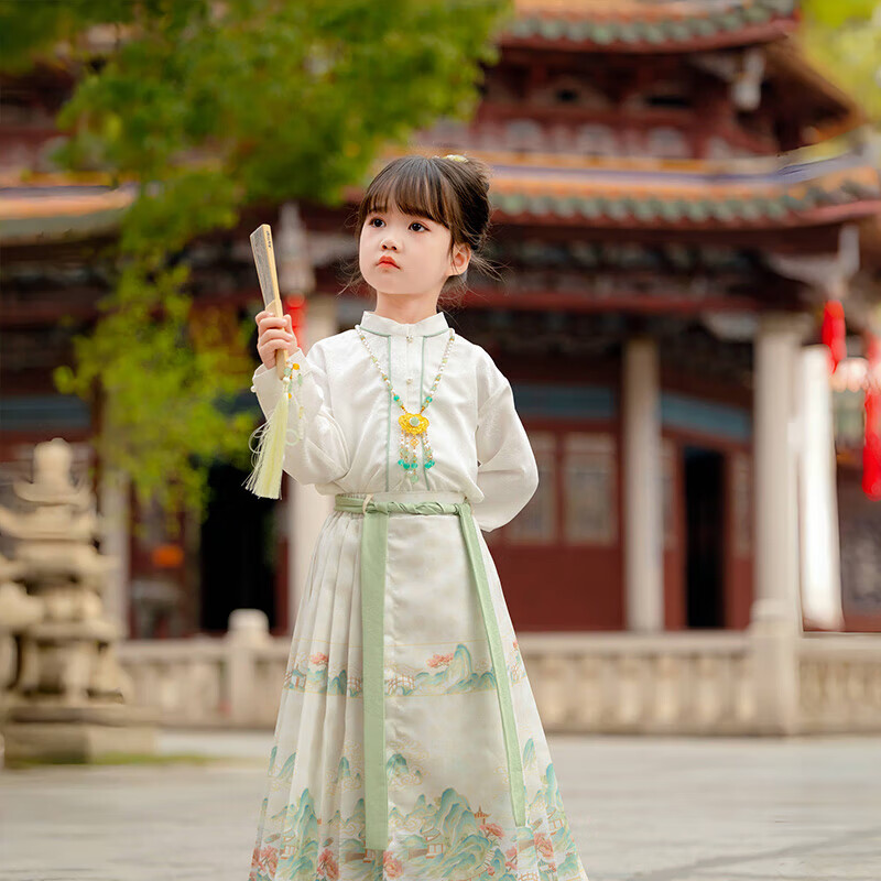 Menghu Yueqing Mountain Hanfu Girls' Spring And Autumn Style Children's Chinese-Style Ancient Costume Ming Dynasty Horse-Face Skirt Set, Mi Ma Face Skirt, Size 110