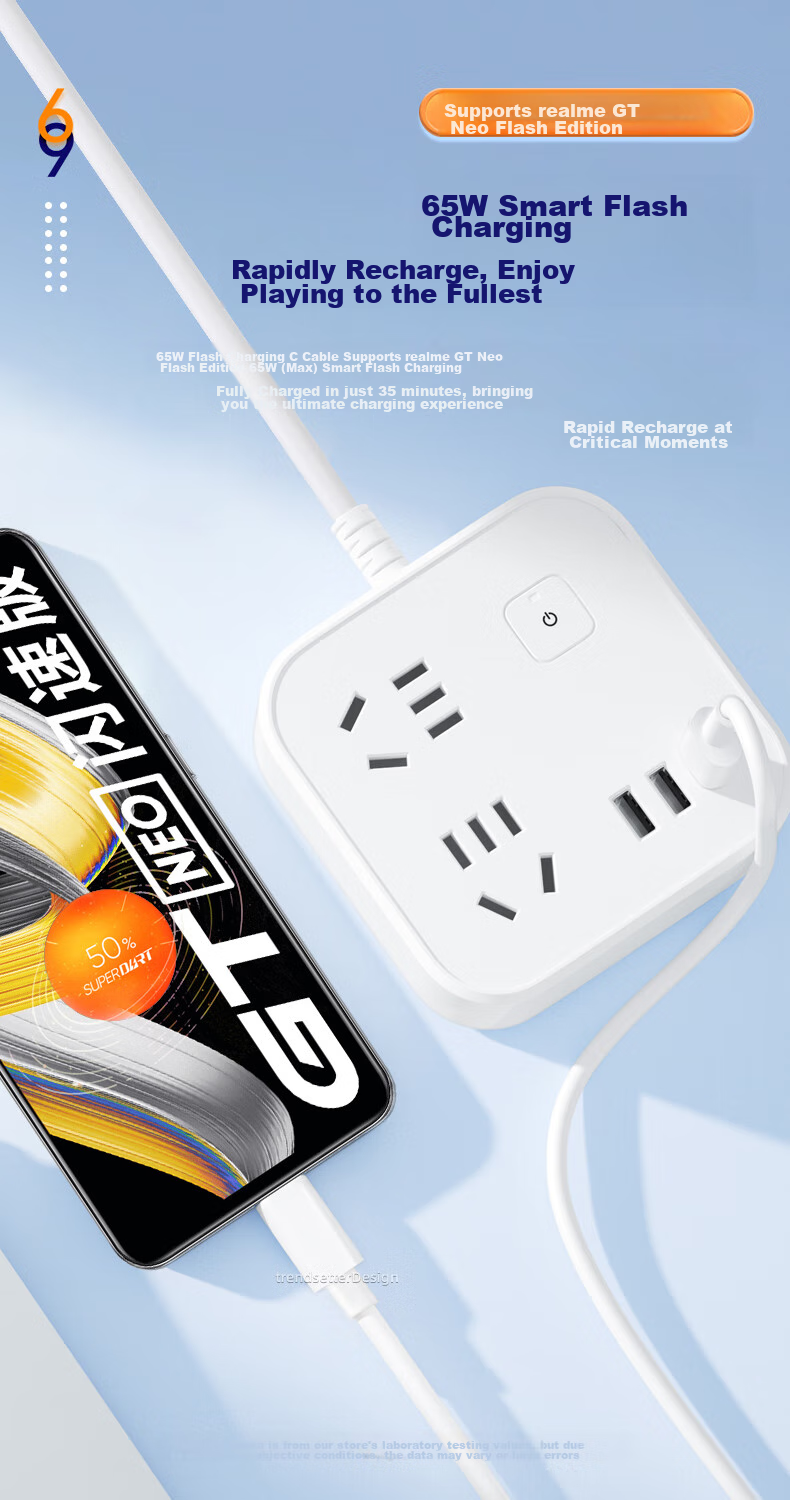 Trendsetter Compatible with Realme Data Cable, 65W Fast Charging, Suitable for GT2 Pro/Neo, Flash Speed/2T/Q3S/Q2/Explore X50/70/V13/15/X2, Quick Charging Cable 3