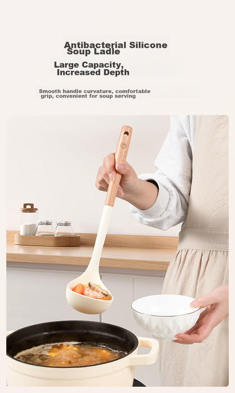 JD Original Spatula, Ladle, And Soup Spoon Set for Non-Stick Pans with Beech Wood Handles [Antibacterial Silicone] Three-Piece Spatula Set 10