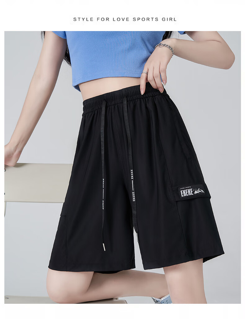 XUEXIMAN Women's Sports Shorts, Summer Lightweight Loose Straight-Leg Cargo Shorts, High-Waist Quick-Dry Wide-Leg Black Mid-Length Shorts 14