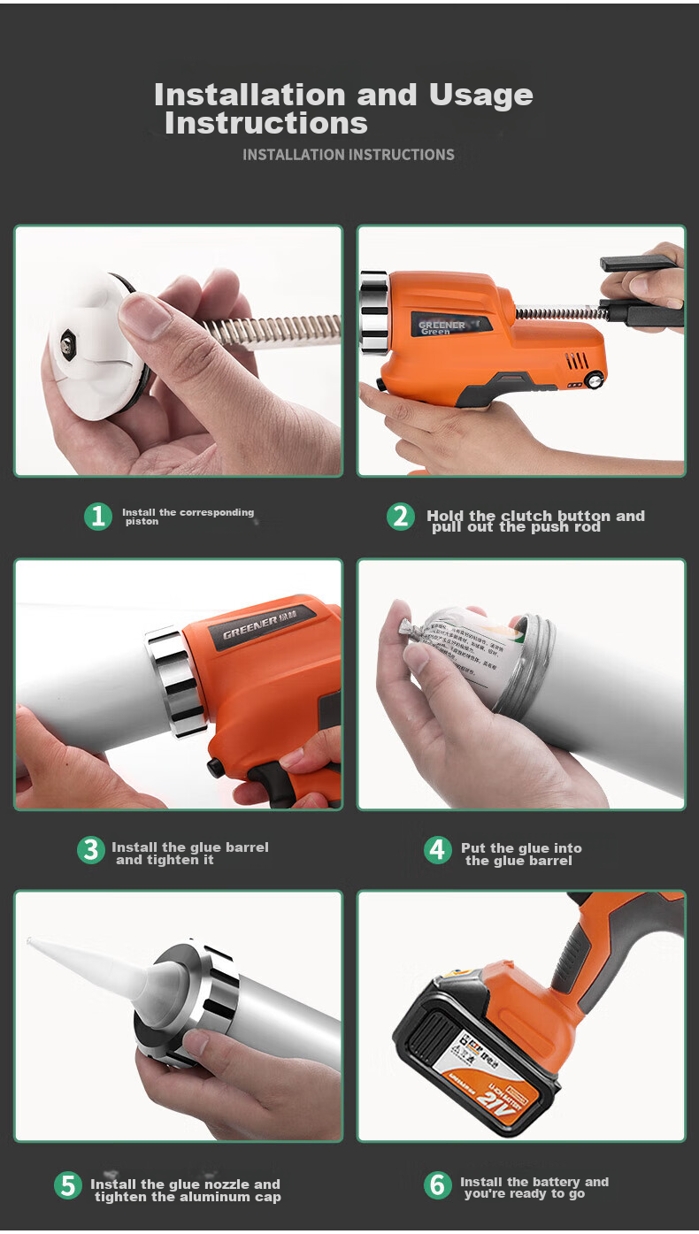 GREENER Lithium Battery Caulking Gun, Universal Labor-Saving Automatic Retraction, Large Capacity Tile Grouting Tool, 21V One Battery And Charger 10