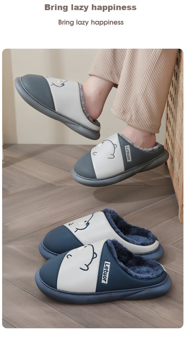LETUO Side-Face Bear Cotton Slippers for Men, Autumn And Winter Waterproof Warm Thick-Soled Cotton Shoes, Couple's Home Slippers, Navy Blue Size 42-43 7