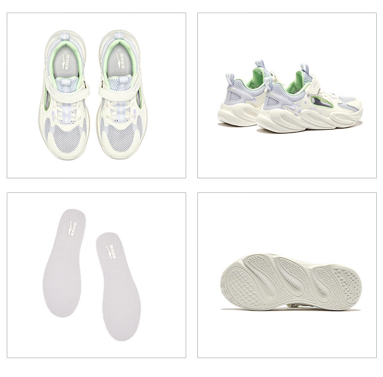 ERKE Children's Shoes, Boys' Velcro Casual Shoes, Kids' Summer Hollow Sandals, Black/micro-Crystal White/Lime Green, Size 36 39