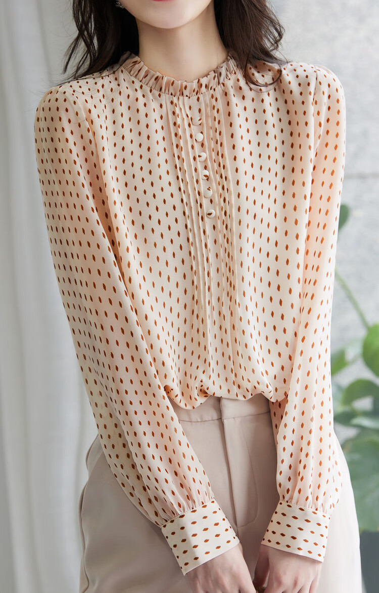 Dme [Polka Dot Puff Sleeve Blouse], Spring And Autumn Stand-Collar Fitted Long-Sleeve Commuter Shirt, Women's Top 14