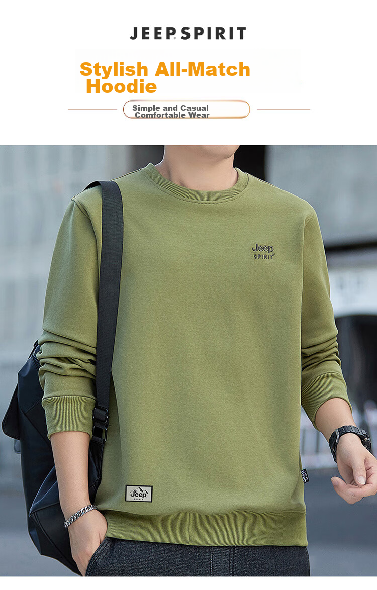 JEEP SPIRIT Men's Sweatshirt, Spring Korean Style, Round Neck Long Sleeve T-Shirt, Base Layer, Men's Clothing, Black, Size L 1