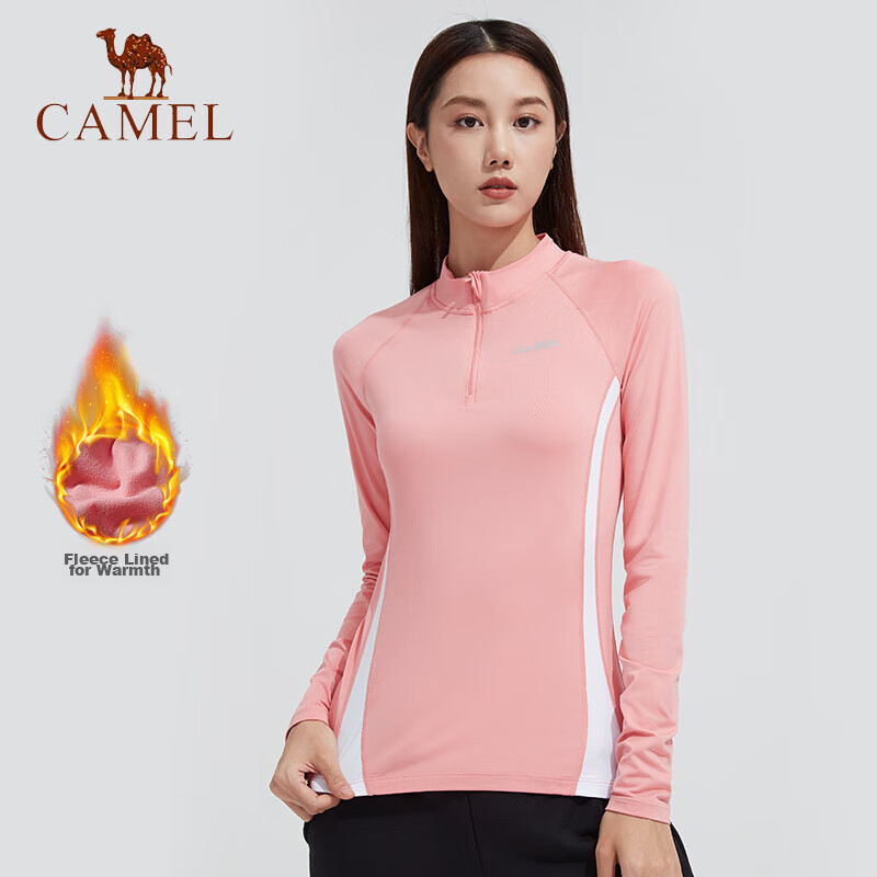 CAMEL Thin Fleece Sports Top for Women, Stand-Up Collar Long Sleeve Running Fitness T-Shirt C1W14L0623 Peach Pink S