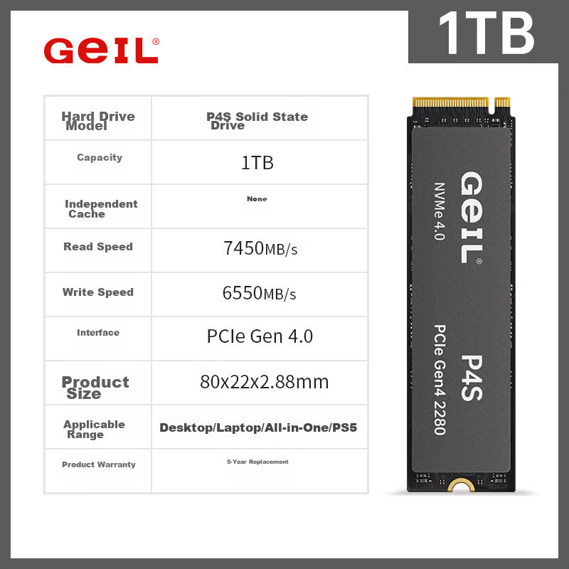 GEIL Jinbang 1TB SSD, M.2 Interface (PCIe 4.0 X4), NVMe SSD Gaming High-Performance Version, High-Speed 7450MB/S, P4S Series