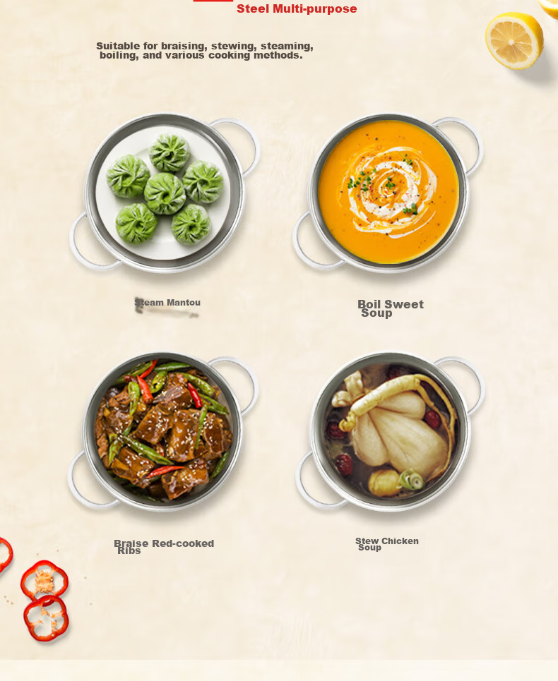 Feishile Series 24cm Steel Lid Double-Handle Soup Pot (With Drawer) Stainless Steel Double-Layer Steamer Pot 3