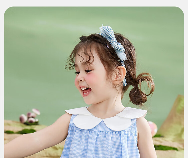 ASK JUNIOR Girls' Sleeveless Dress Summer Thin Petal Collar Plaid Casual Dress Blue Size 90 2