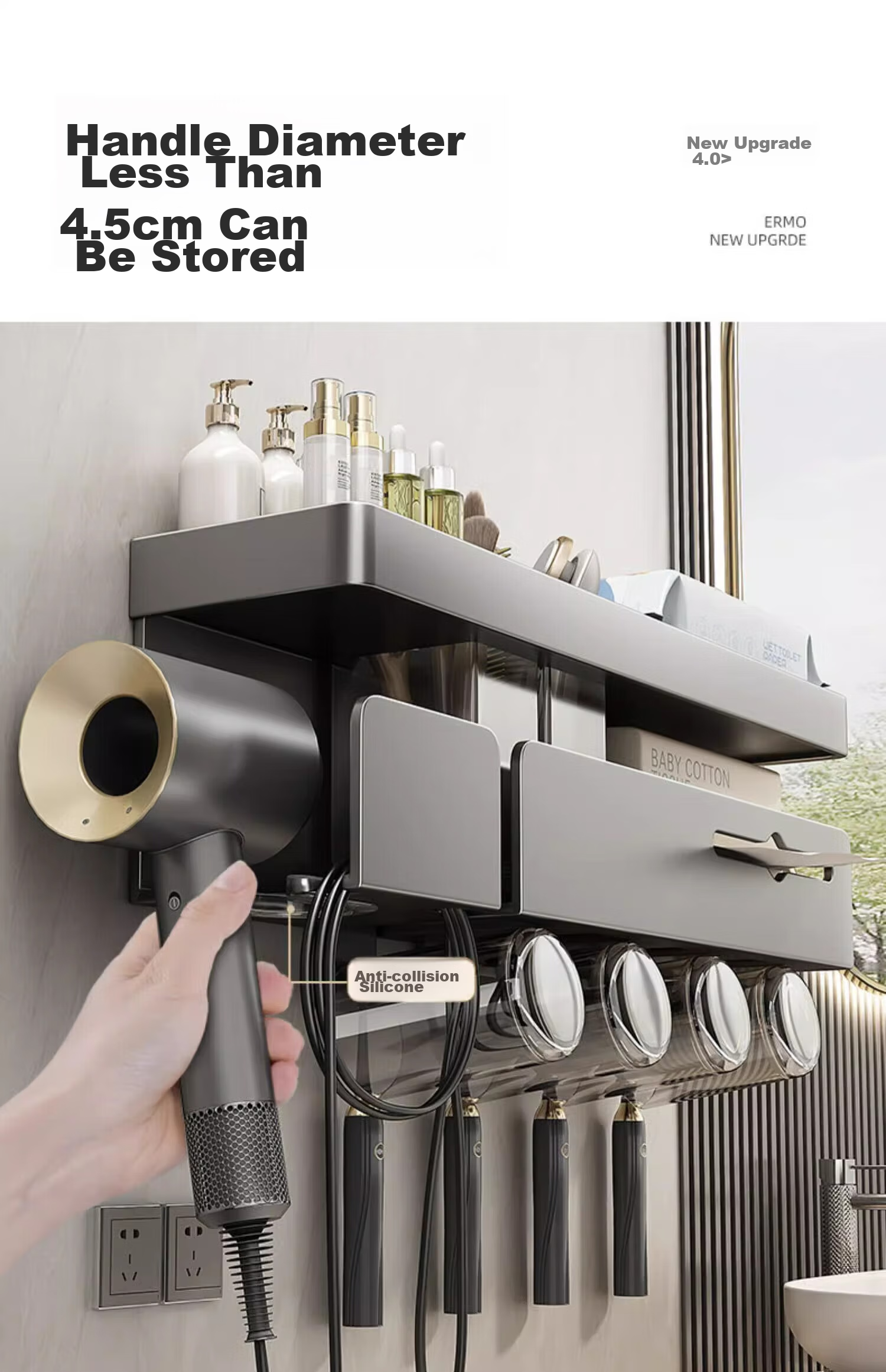 MUYA Electric Toothbrush Holder, Bathroom Storage Rack, Toilet And Bathroom Rinsing Cup, Multifunctional Hair Dryer Wall-Mounted Rack 5
