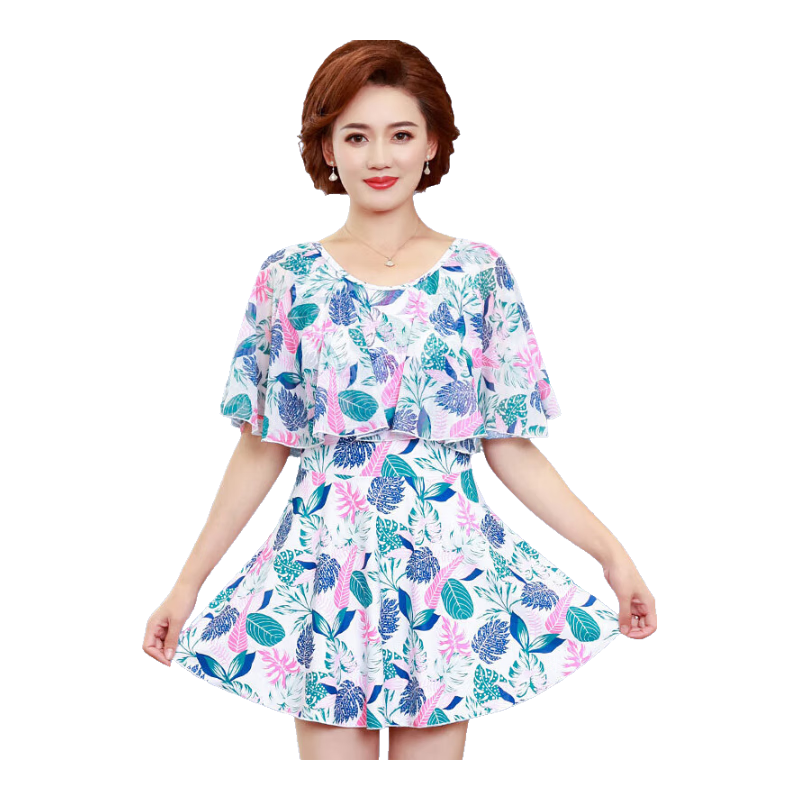Yifu Mom's Hot Spring Swimsuit, Conservative One-Piece Dress Style for Middle-Aged And Elderly Women, Tummy Control, Slimming, Plus Size, Suitable for Curvy Women, Vacation Swimwear