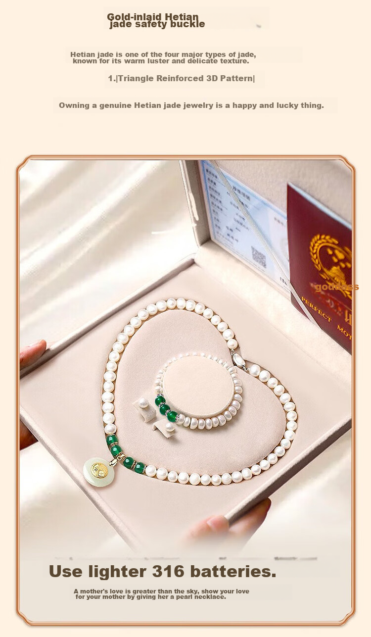 N2it Natural Freshwater Pearl Necklace for Women with Gold-Inlaid Jade Pendant Set, Birthday Gift for Ladies, Mothers And Mothers-I 4