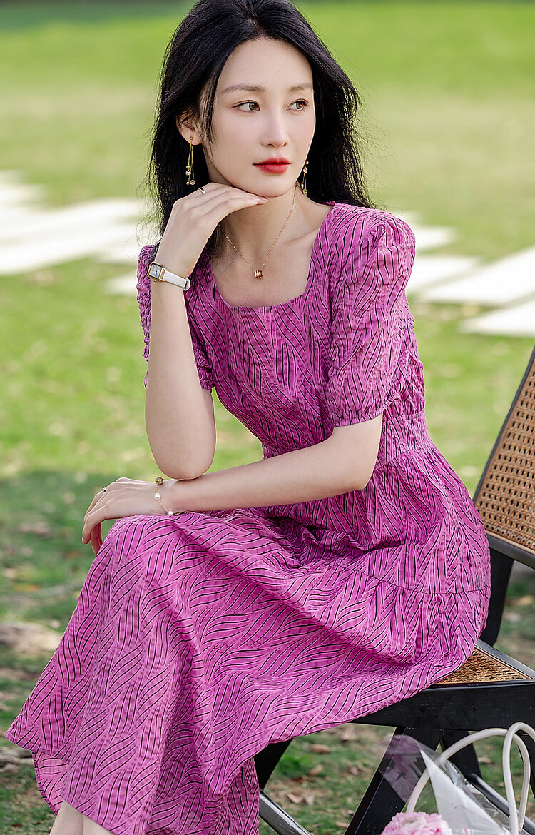 Dme [Bubble Pleated Texture] Summer French Square Neck Cotton Waist-Cinching Ruched Wide-Leg Waist-Cinching Dress 12