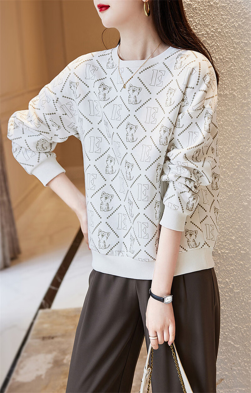 Dme [Cotton Printed Sweatshirt] Spring And Autumn Round Neck Loose Drop Shoulder Long Sleeve Slightly Stretchy Sweatshirt for Wome 10