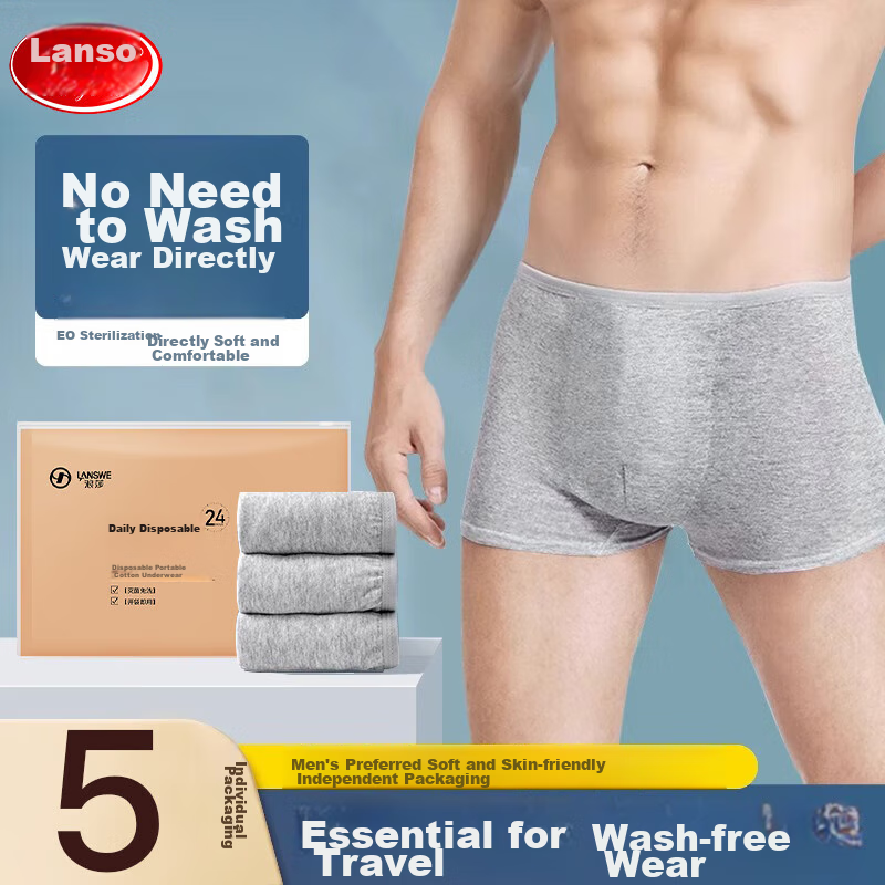 LangSha Disposable Men's Underwear, Pure Cotton Boxer Briefs, No-Wash, Sterilized, for Business Trips, Travel, Vacations, Individually Packaged