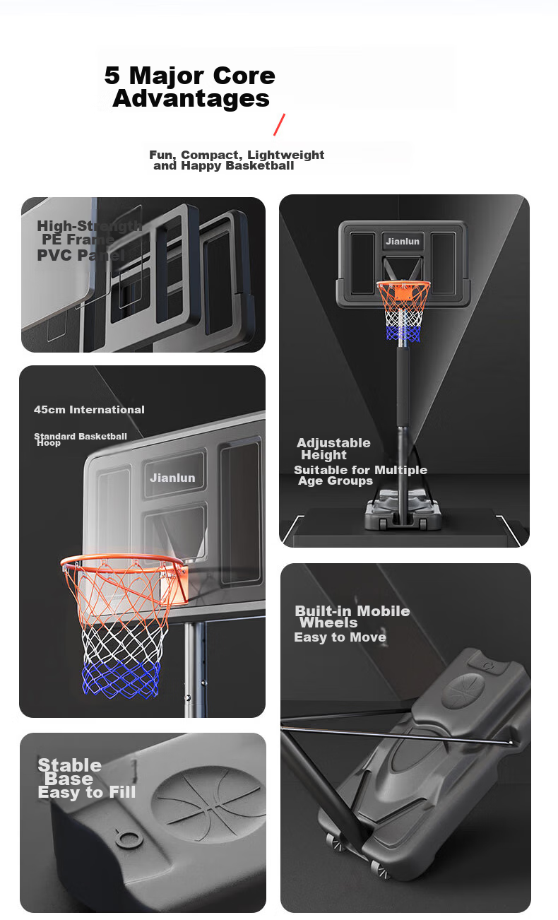 JEEANLEAN Youth And Adult Mobile Adjustable Basketball Hoop, Indoor Basketball Rim for Childre 9