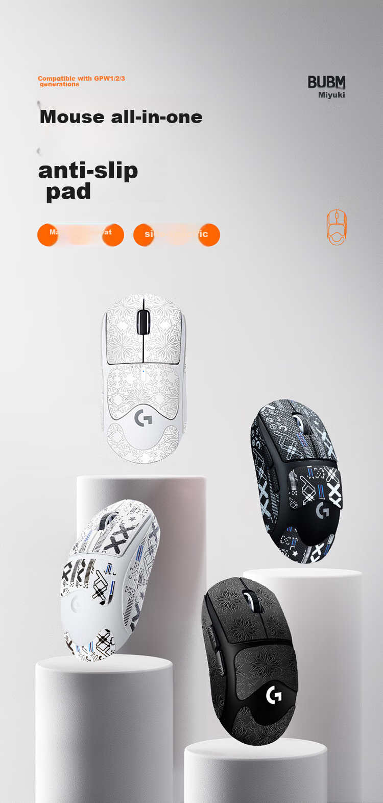 BUBM GpW1 Native Mouse Pad Sticker, Anti-Slip Dog Shit King Sticker for Gaming, Curved Mouse Pad, Smooth And Wear-Resistant, GPW First Generation Mouse Pad, Gray 1