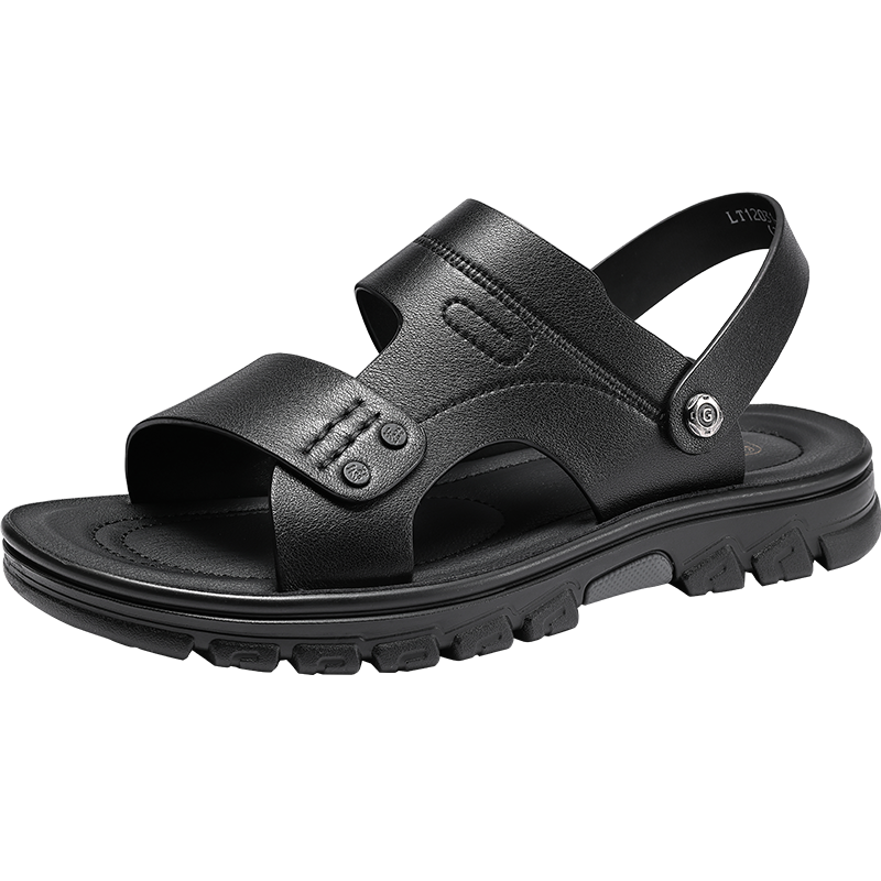 LAORENTOU Men's Beach Sandals Summer Breathable First Layer Cowhide Massage Sole Slippers Outdoor Casual Shoes LT12031 Black Size 40