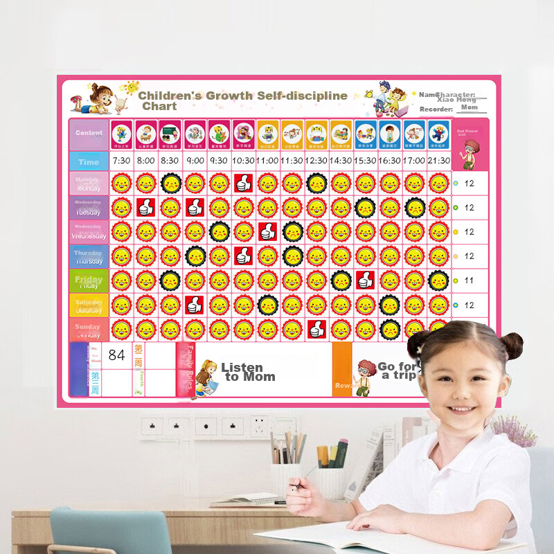 Flybook Children's Growth Self-Discipline Chart, Magnetic Reward Wall Sticker, Kindergarten And Elementary School Student Planner, Home Study Course Schedule, Children's Red Flower Award Sticker, Point Card