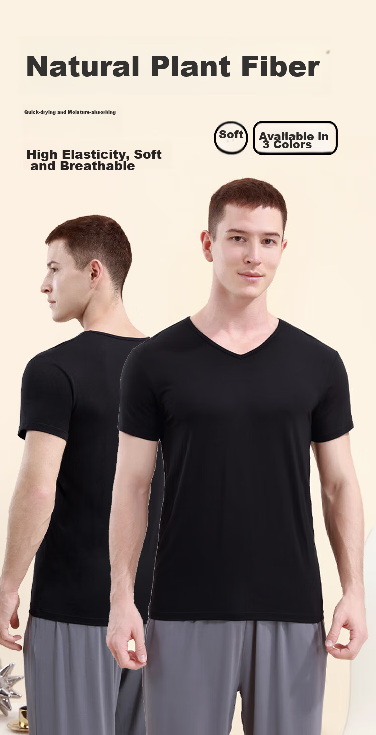 CHERISH LIFE Men's T-Shirt Undershirt, Modal Short-Sleeve V-Neck Undershirt, Elastic Slim Fit 1