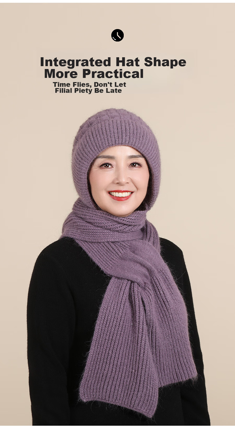 Hengyuanxiang Middle-Aged And Elderly Hat Scarf Integrated Knitted Cap, Winter Warm Rabbit Fur Fleece-Lined Gift for Elders 8