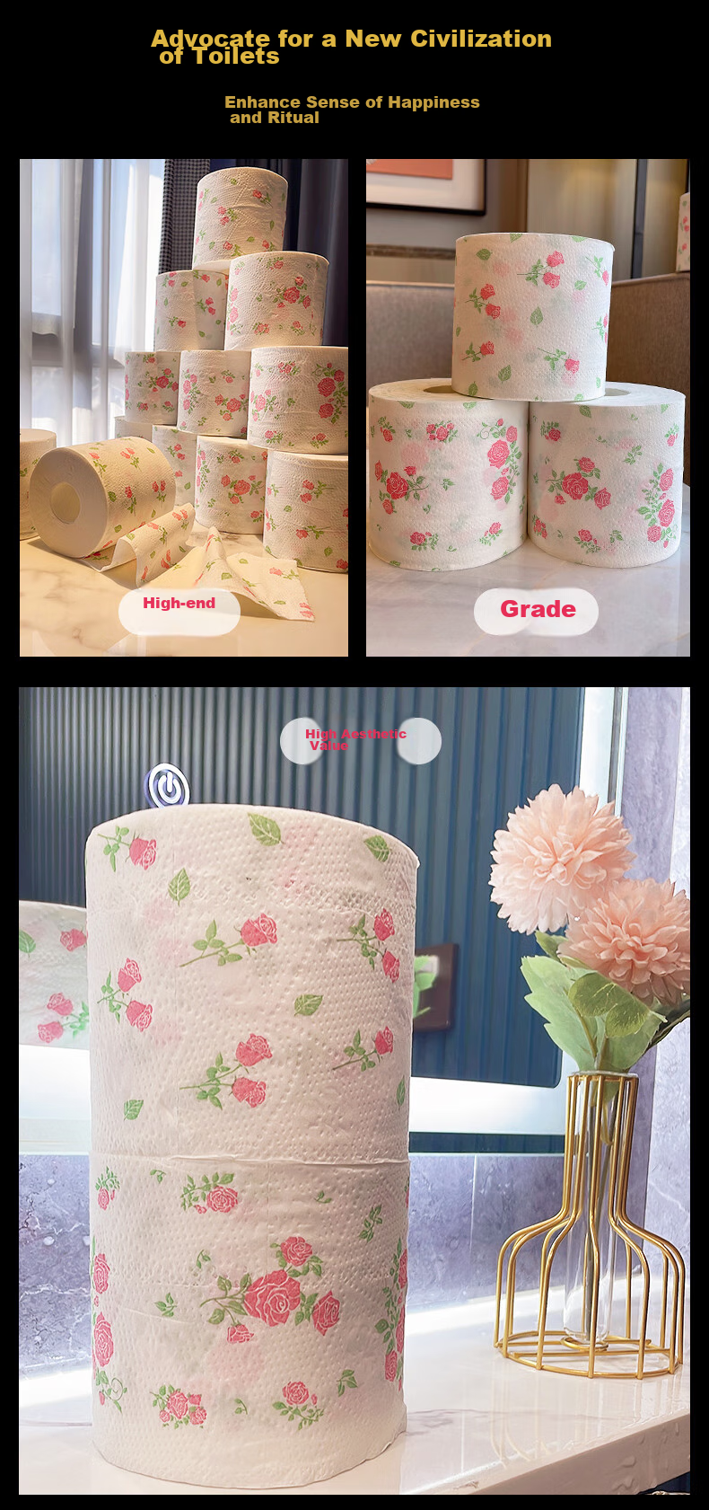 Rinuo Japanese Imported Rose Scented Toilet Paper, Water-Soluble And Quick-Dissolving, Core Roll Paper with Printed Pattern, 1 Pack 14