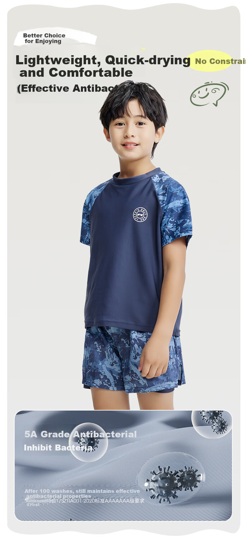 Jeep Children's Swimwear, Boys' Two-Piece Professional Quick-Dry Training Sun Protection Swimsuit, Camouflage Blue, Size 130 2